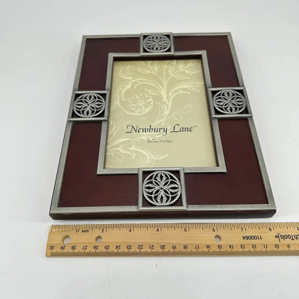 Newbury Lane 5x7 Picture Frame Mahogany Wood Silver Celtic Medallion Ornate Deco